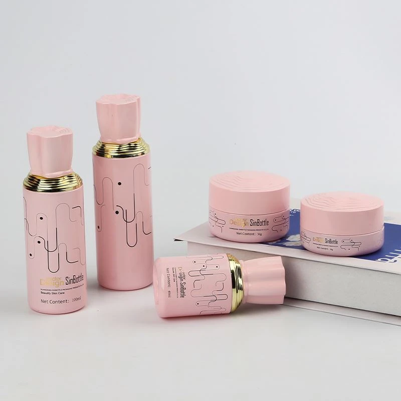 Eco-friendly Pink Glass Skincare Packaging Set Luxury Custom Empty Serum Lotion Pump Bottle Face Cream Jar Wholesale